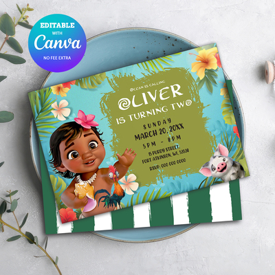 Baby Moana Birthday Invitation, Baby Moana Birthday Party Invitation Canva Editable
