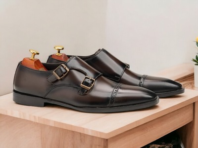 Handmade Men's Chocolate Double Buckle Cap Toe Office Shoes