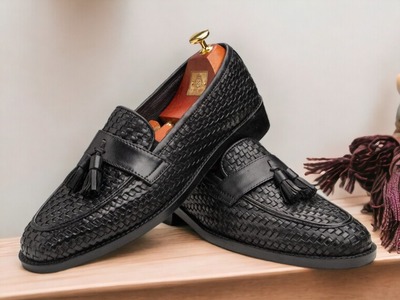 Handmade Fashion Men's Black Python Leather Penny Tussle Loafer Shoes