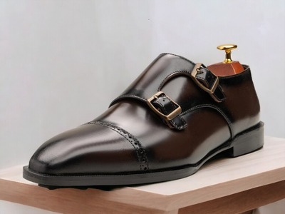 Handmade Men's Chocolate Double Buckle Cap Toe Office Shoes
