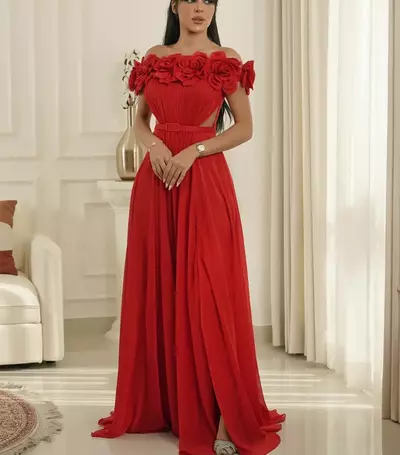 Elegant Long Red Chiffon Evening Dresses With Flowers A-Line Pleats Prom Dresses Robe De Soiree Formal Party Gown for Women