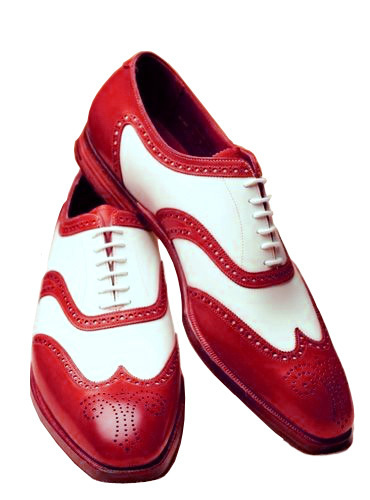 Two Tone Red White Oxford Medallion Toe Wingtip Genuine Leather Laceup Shoes