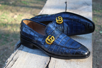 Blue Genuine Embossed Crocodile Texture Leather Loafers Dress Shoes