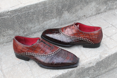 Luxury Handmade Mens Unique Brown Crocodile Texture Leather Alligator Dress Fashion Oxford Shoes