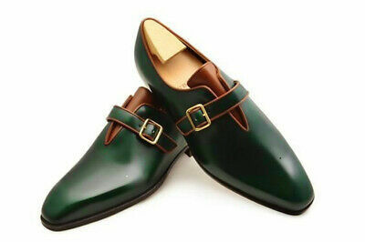Green Tone Stylish Handmade Genuine Leather Customized Monk Buckle Strap Shoes