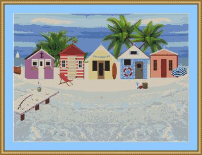 Beach Huts By The Shore Cross Stitch Pattern