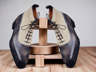 Handmade Men's Two Tone Leather & Suede Lace Up Brogue Toe Ankle High Boots