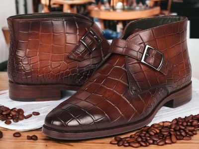 Handmade Men's Burgundy Alligator Print Leather Singal Monk Buckle Ankle Boots