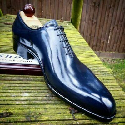 Handmade Men's Leather Oxford Shiny Blue Plain Rounded Burnished Toe Shoes
