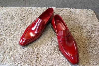 Men's Red Penny Loafer Leather Shoes, Handmade Slip On Moccasin Shoes