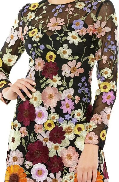 3D Flowers Embroidery Sheer Mesh Bodycon Mini Dress High Neck Cocktail Dress