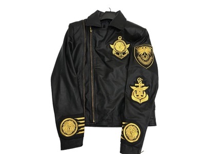 Handmade Men's Embroidery Patches Golden Black Style Leather Zipper Jacket