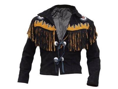 Handmade Men's Black Color Cowboy Suede Tan with Fringes Jacket
