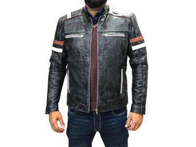 Handmade Men's Black Zipper Leather Biker Double Pocket Jacket