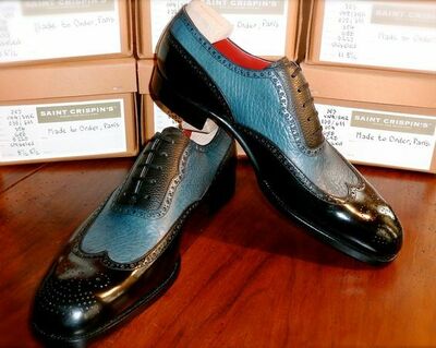 Black Blue in Plain Calf Leather Wingtip Oxford Dress Shoes