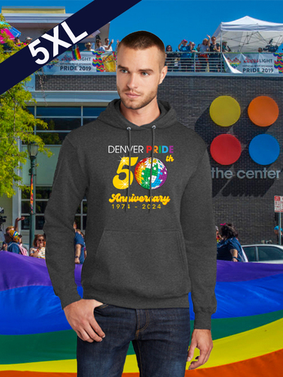 Denver Pride 50th Anniversary, Dark Heather Hoodie, Unisex sizing