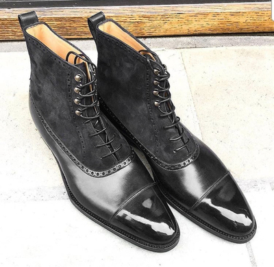 Handmade Black Leather Suede Lace Up Boot, Men's Ankle High Cap Toe Boot