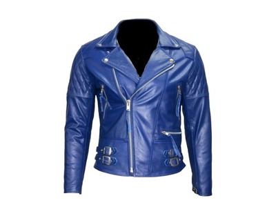 Handmade Zipper Men's Genuine Leather Biker Stylish Blue Jacket