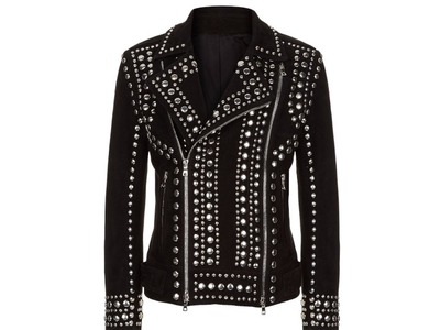 Handmade Black Color Silver Studded Leather Style Men's Zipper Jacket