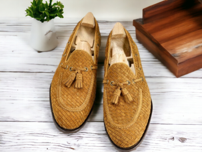 Handmade Beige Woven Leather Loafer Tussle Shoes, Slip On Casual Shoes