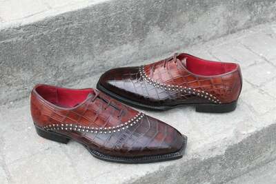 Luxury Handmade Mens Unique Brown Crocodile Texture Leather Alligator Dress Fashion Oxford Shoes