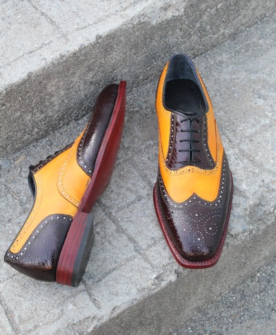 Crafted Leather Handmade Black Camel Color Leather Wingtip Oxford Dress Shoes