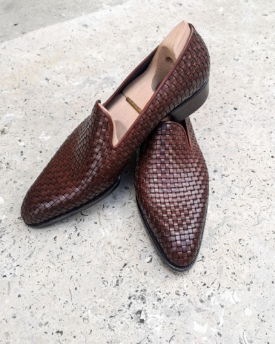 Bespoke Wholecut Woven Leather Loafers Dress Shoes