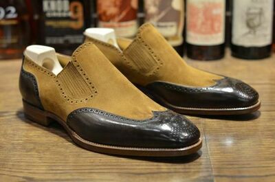 Handmade Black Leather and Brown Suede Loafers Mens Shoes