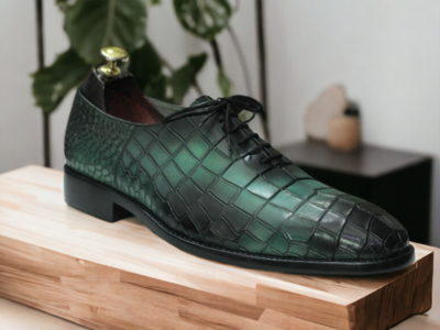 Bespoke Men's Sea Green & Black Alligator Print Shoes, Lace Up Shoes