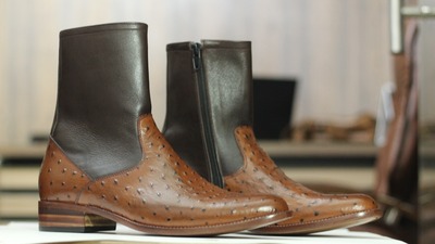 Handmade Men's Two Tone Ostrich Leather Zipper Ankle High Boots