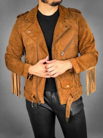 Handmade Men's Brown Fashion Suede Zipper Fringe Jacket