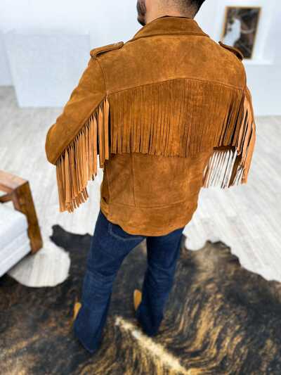 Handmade Men's Brown Fashion Suede Zipper Fringe Jacket