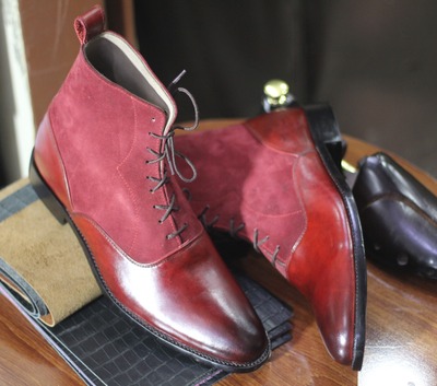 Handmade Men's Red Leather & Suede Lace Up Ankle High Boots