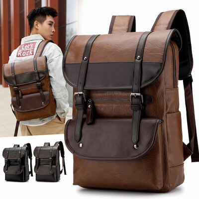 Retro Double Buckle Computer Bag Casual Daypack Work School College Waterproof Backpack PU Leather Business Rucksack