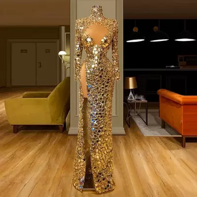 Sparkly Gold Sequins Mermaid Evening Dresses High Neck Keyhole Neck Long Sleeves Beaded Sexy Side Slit Formal Prom Pageant Gowns