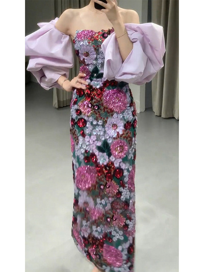 Sequined 3D Flowers Strapless Sheath Prom Party Dresses with Puff Sleeves