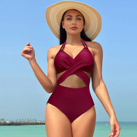 Solid Color Mesh One Piece Swimsuit Women Push Up Halter High Waisted Swimwear - Thumbnail 1