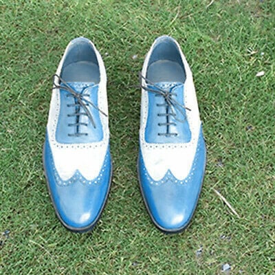 Mens Two Tone Stylish Fashion Premium Blue White Leather Oxford Lace Up Shoes