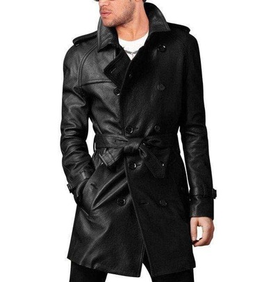 Handmade Men's Fashion Black Long Leather Button Jacket