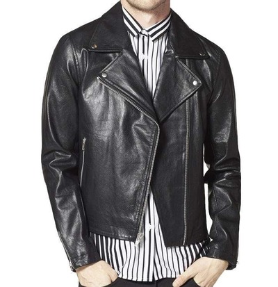 Handmade Men's Fashion Black Leather Pocket Zipper Jacket