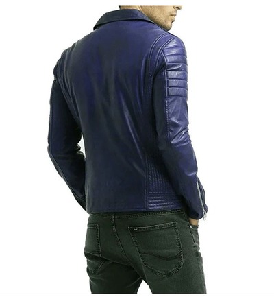 Handmade Men's Blue Leather Biker Style Zipper jacket
