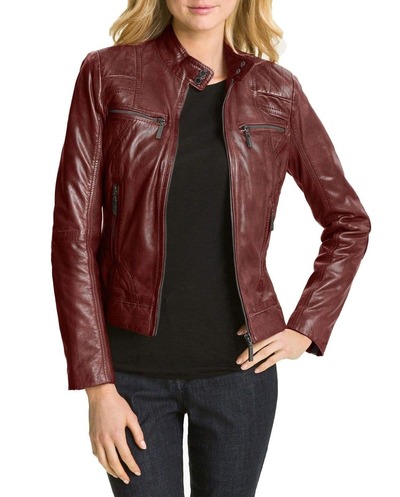 Handmade Woman Burgundy Leather Biker Zipper Fashion Jacket