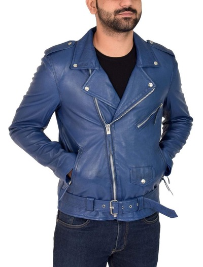 Handmade Men's Blue Leather Zipper Double Pocket Biker Jacket