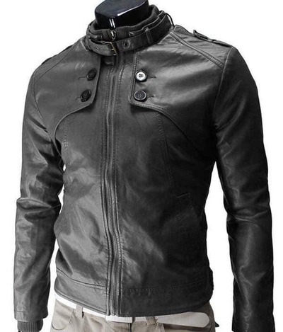 Handmade Men's Fashion Black Leather Zipper Button Jacket