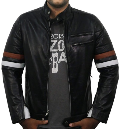Men's Fashion Black Leather Zipper Pocket Brown & White Stripped Biker Handmade Jacket
