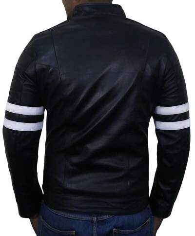 Men's Fashion Black Leather Zipper Pocket White Stripped Biker Handmade Jacket