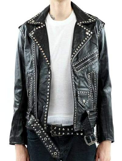 Handmade Men's Black Leather Fashion Silver Studded Belted Jacket