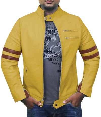 Men's Fashion Yellow Leather Zipper Pocket Brown Stripped Biker Handmade Jacket