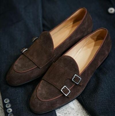 Decent Wear Men's Brown Double Monk Strap Suede Shoes