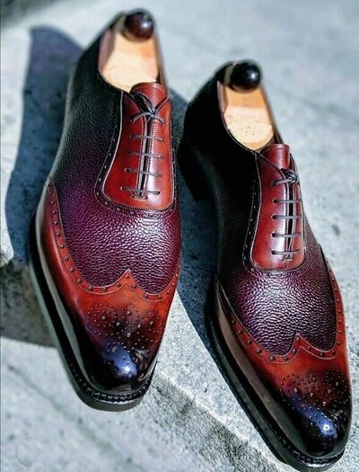 Men's Bespoke Leather Dress Shoes Good Year Welted Brown Two Tone Leather Wingtip Shoes